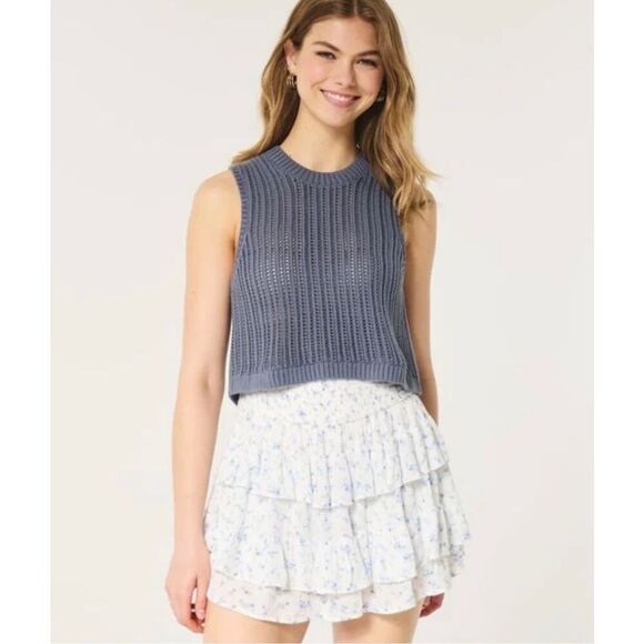 Hollister High-neck Crochet-style Sweater Tank Gray Blue Size Large - Picture 2 of 10